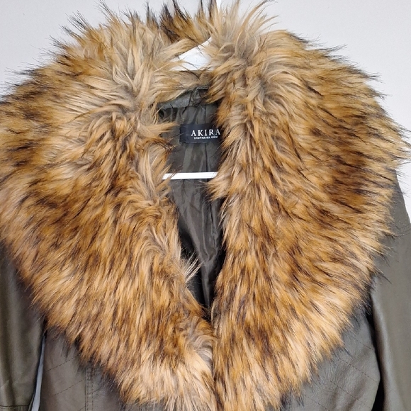 AKIRA Olive Faux Leather Jacket with Faux Fur Collar - Picture 4 of 7